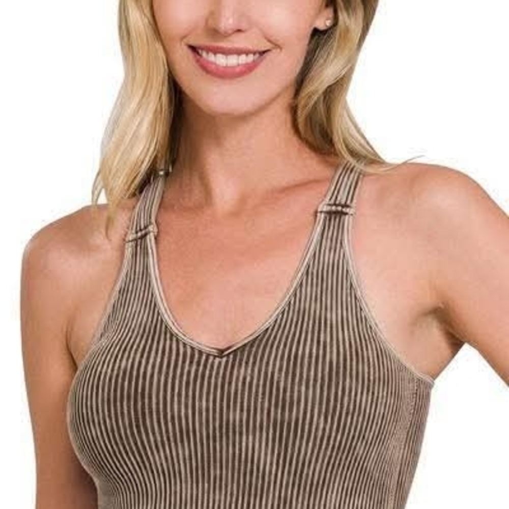 Ribbed V-Neck Wireless Comfort Bra Tank - Brown